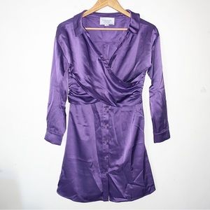 The Shirt by Rochelle Behrens Hackney Satin Dress Sz S Purple Long Sleeve Wrap